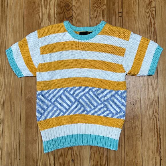 Vintage 90s LizSport Striped Knit Short Sleeve Sweater - Small - Picture 1 of 4